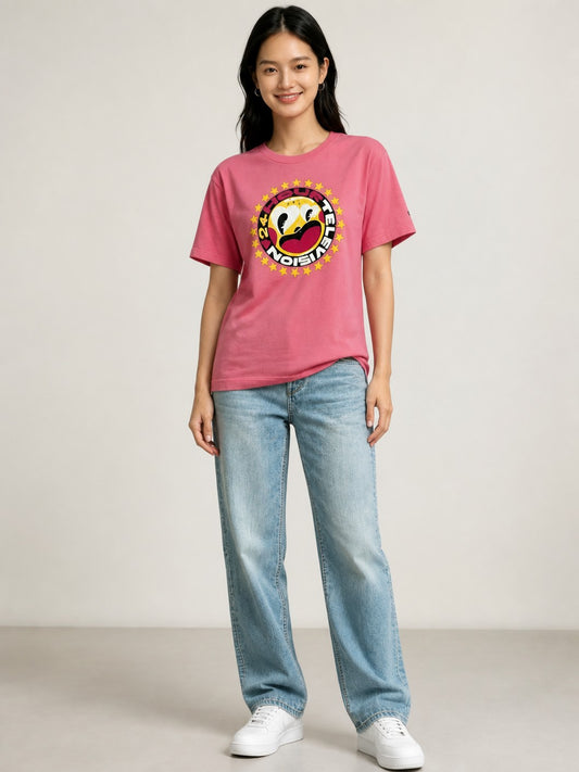 Leox Hub pink vintage 2018 Japan 24 Hours TV charity t-shirt featuring Hattie Stewart graphic art