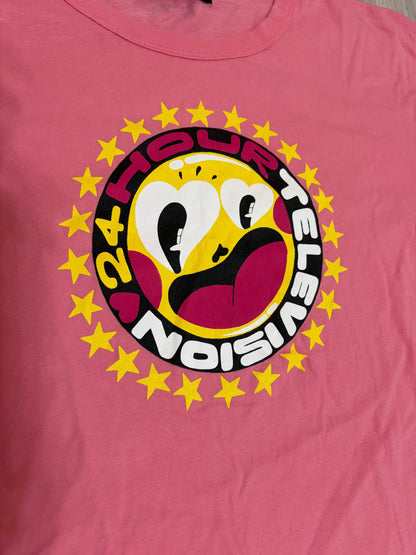 Leox Hub pink vintage 24 Hour Television charity t-shirt featuring Hattie Stewart pop art graphic with yellow stars