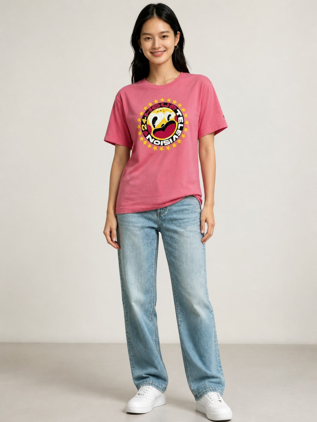 Leox Hub pink vintage 2018 Japan 24 Hours TV charity t-shirt featuring Hattie Stewart graphic art