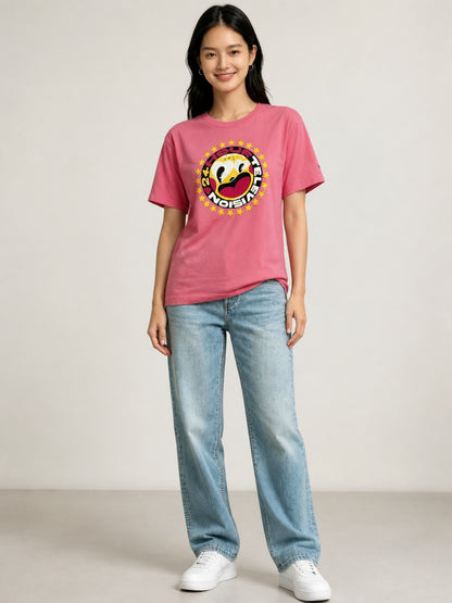 Leox Hub pink vintage 2018 Japan 24 Hours TV charity t-shirt featuring Hattie Stewart graphic art