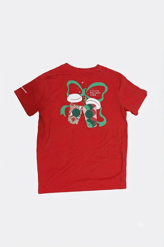 Leox Hub Starbucks Japan 2024 Holiday staff t-shirt in red with festive coffee cup and green ribbon graphic on back