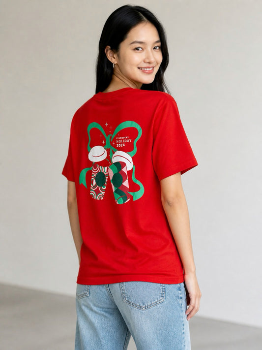Leox Hub Starbucks Japan 2024 Holiday staff t-shirt in red with festive coffee cup and green ribbon graphic on back
