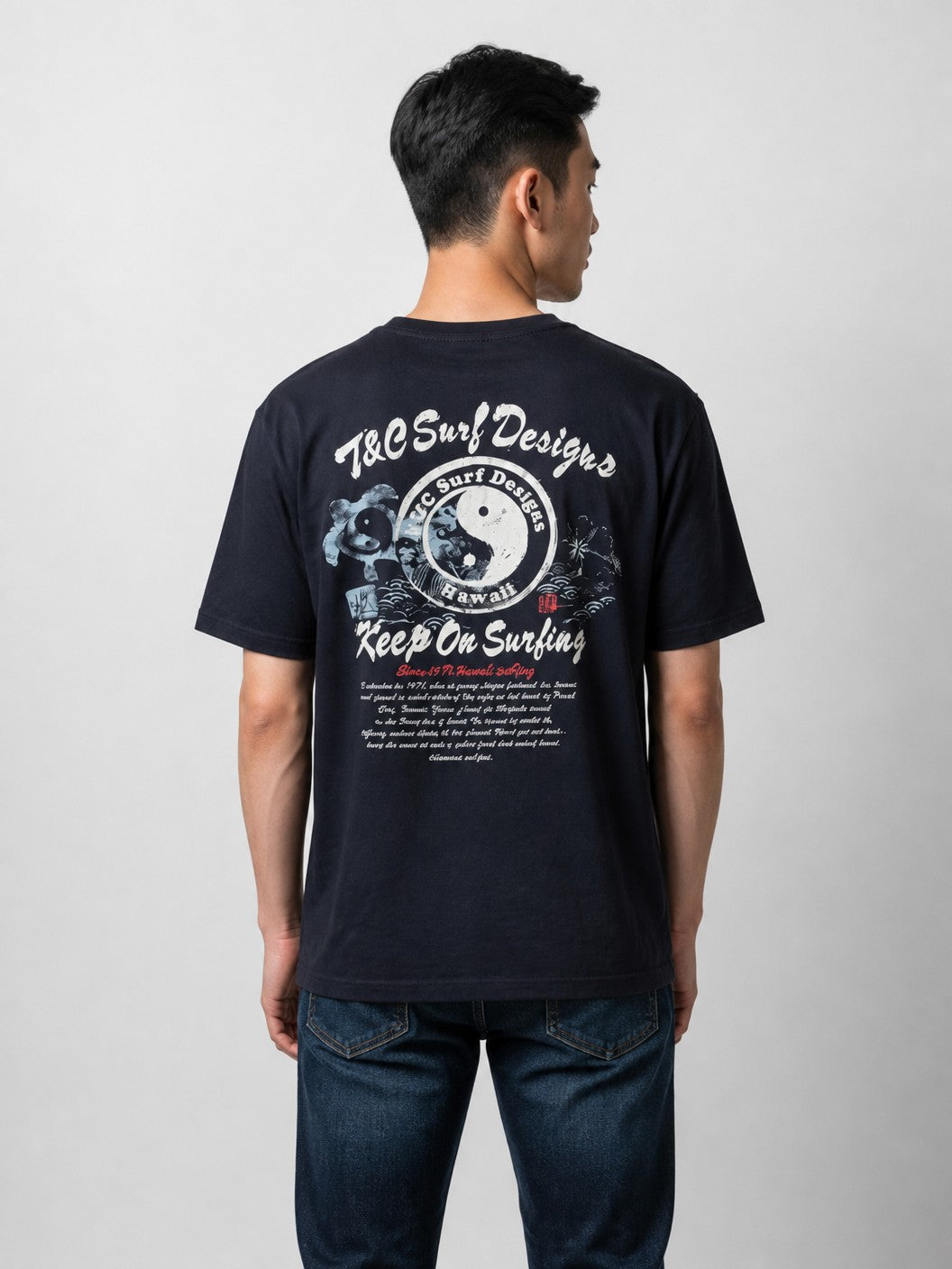 Leox Hub T&C Surf Designs Hawaii t-shirt featuring classic yin yang logo graphic print