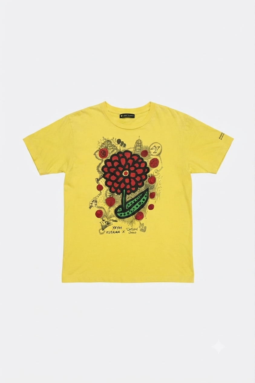 Leox Hub Yayoi Kusama x Satoshi Ohno Japan 24 Hour TV charity t-shirt featuring polka dot flower artwork