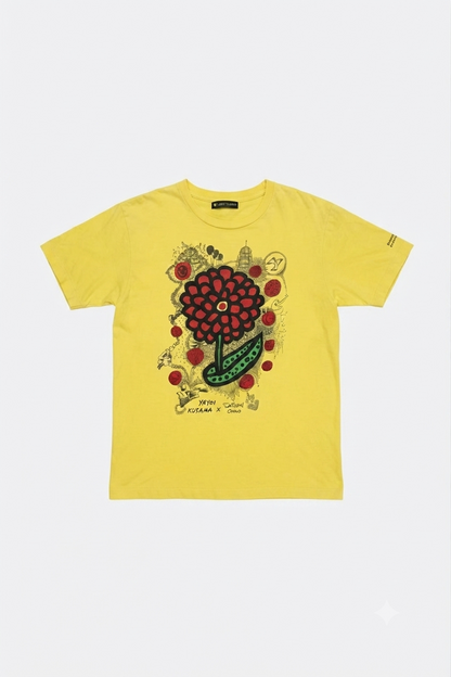 Leox Hub Yayoi Kusama x Satoshi Ohno Japan 24 Hour TV charity t-shirt featuring polka dot flower artwork