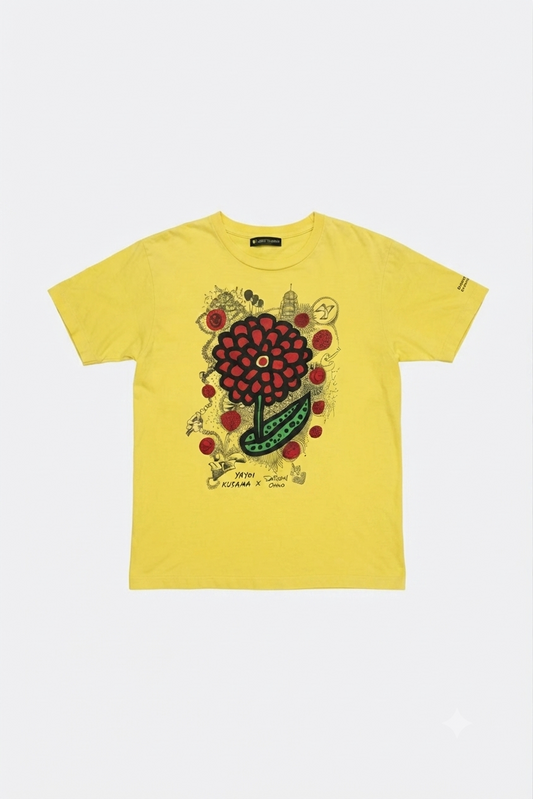 Leox Hub Yayoi Kusama x Satoshi Ohno Japan 24 Hour TV charity t-shirt featuring polka dot flower artwork